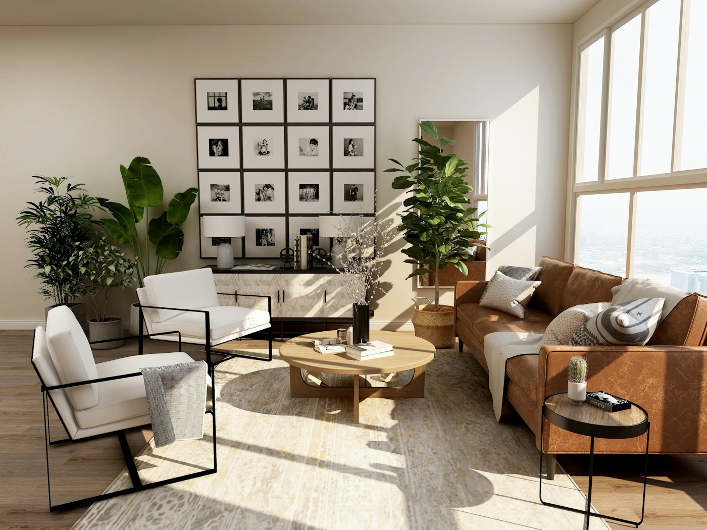 Bright living room with seating, plants and framed artwork