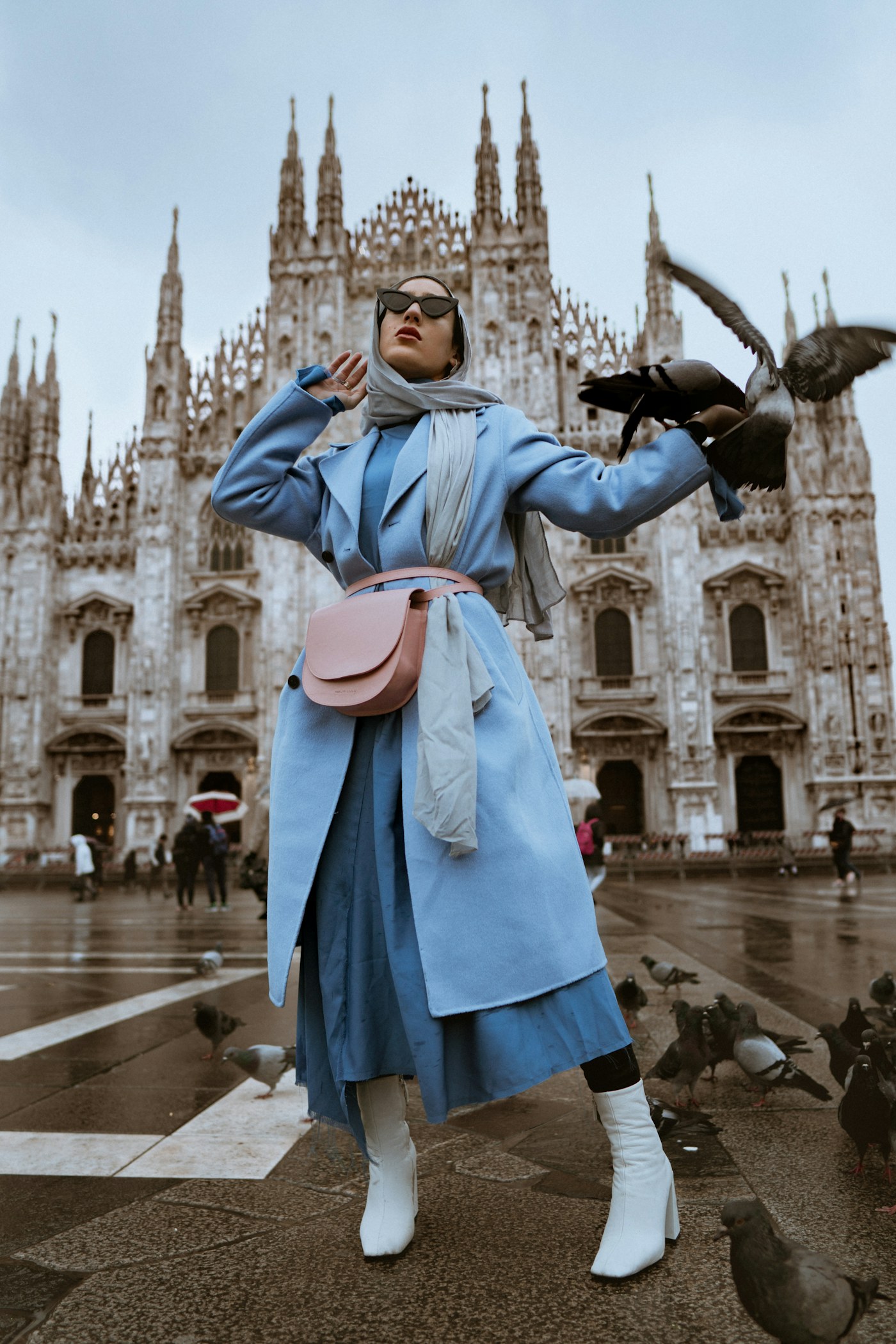 Woman wearing a coordinated street-style outfit outdoors